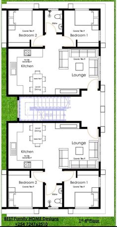 two story house plan with 2 bedroom and living room on the first floor, which is also