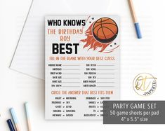 a basketball birthday party game set on top of a white table with pencils and markers