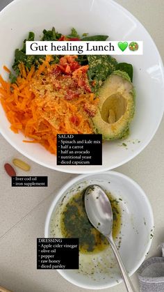 two bowls filled with different types of food on top of a white table next to each other