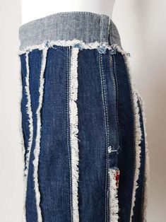 For Sale on 1stDibs - Blue denim skirt with fringe trim by Jean Paul Gaultier, wear yours with the matching shirt. -Frayed fringe details along seams and hems -Metal zipper Blue Cotton Bottoms With Fringe, Denim Blue Cotton Jeans With Fringe, Fringe Pants Outfit, 90s Gaultier, Jean Paul Gaultier Skirt, Denim Fashion Outfits, Skirt With Fringe, Senior Thesis, Denim Fringe