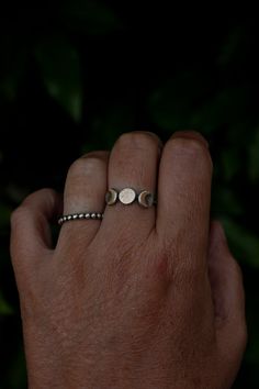 This triple goddess moon ring is super comfortable to wear and unlike triple moon rings that don't have the sterling silver full moon backing, it won't get caught on things. I have very active hands so I wanted to create a triple moon ring that could be worn easily and comfortably daily. A hand textured 7mm round raw brass full moon and two smooth crescent moons sit on top of sterling silver discs creating a moon trinity. A patina has been added to give this ring a rustic, more realistic look. P Brass And Silver Jewelry, Witch Jewelry Aesthetic, Black Rings Aesthetic, Aesthetic Silver Rings, Triple Goddess Jewelry, Witchy Rings, Jewellery Branding, Silver Moon Ring, Boy Jewelry