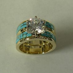 Gold and Turquoise Engagement / Wedding Set. Love the engagement ring. I'd rather have a diamond band. and id rather have it SILVER Set Love, Bling Rings, I Love Jewelry