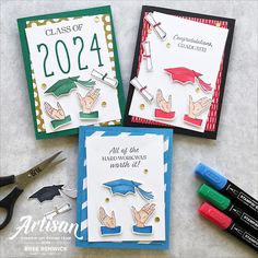 three graduation cards with scissors and markers