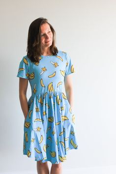 Adorable ADULT banana dress with pockets. *Please note that the bottom of the dress is curved upward on the sides, as pictured* 93% Terylene 7% Spandex Ready to ship immediately! Matching Products available in shop Suggested Care Instructions: Hand or Delicate Wash. Hang dry. Size Chart (approx measurements): XS (0-2): Bust - 32-33 inches, Waist - 24-25 inches S (4-6): Bust - 34-35 inches, Waist - 26-27 inches M (8-10): Bust - 36-37 inches, Waist - 28-29 inches L (12-14): Bust - 38-40 inches, Wa Stretch Dress With Pockets And Short Sleeves, Stretch Cotton Dresses With Pockets, Summer Stretch Dresses With Pockets, Short Sleeve Dresses With Side Pockets For Daywear, Stretch Summer Dresses With Pockets, Stretch Dresses With Side Pockets For Spring, Spring Stretch Dresses With Side Pockets, Spring Dresses With Side Pockets And Stretch, Fitted Summer Midi Dress With Side Pockets