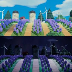 there are two pictures with different scenes in the same scene, one is blue and the other has purple flowers