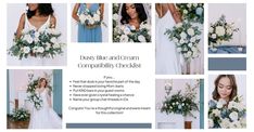 a collage of photos showing different types of flowers and greenery in brides dresses