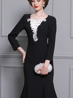 Elegant Long Sleeve Mother Of The Bride Dress, Elegant Black Mother Of The Bride Dress For Banquet, Elegant Formal Evening Dress For Holidays, Elegant Holiday Evening Dress For Formal Occasions, Long Sleeve Mother Of The Bride Dress For Banquet, Evening Long Sleeve Mother Of The Bride Dress, Elegant Embellished Dress For Holiday, Elegant Holiday Dress For Mother Of The Bride, Elegant Embellished Holiday Dress