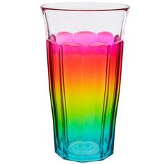 a multicolored glass vase is shown on a white background