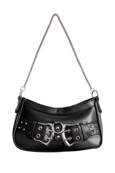 Black vegan leather purse with front belt buckle details and chunky o-rings. Chain detail can be used as a top handle. Zipper top closure and small inside pocket. Includes a removable faux leather crossbody strap. 100% Vegan 10" x 6" x 2.5" Not part of the FOXBLOOD Signature collection, however it has been hand selected by our very picky team for style and quality. Rings Chain, Style Moodboard, Vegan Purses, Bag Diy, Black Vegan, Zipper Top, Signature Collection, Diy Bag, Leather Purse