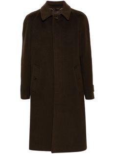 Long Brown Outerwear For Work, Elegant Brown Wool Coat With Long Sleeves, Brown Pea Coat With Hidden Button Closure, Business Long Outerwear With Button Closure, Brown Wool Coat With Pockets For Fall, Brown Long Coat With Buttons, Classic Brown Wool Coat With Notch Lapel, Brown Wool Business Outerwear, Classic Brown Wool Coat For Business