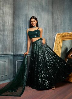 Lehenga Prom, Glitter Lehenga, Lehenga Sequins, Emerald Green Lehenga, Dark Green Lehenga, Green Sequin Skirt, Silver Sequin Top