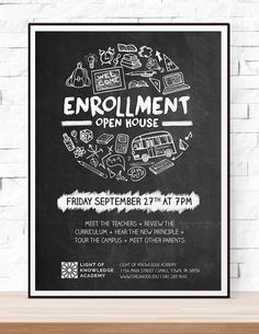 an open house poster is displayed on a shelf in front of a white brick wall