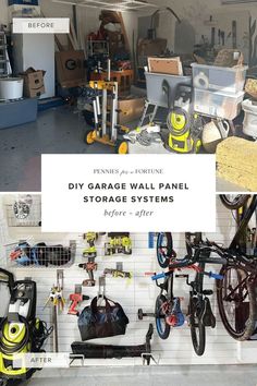 garage wall panel storage systems with bikes and other items in the back ground, before and after