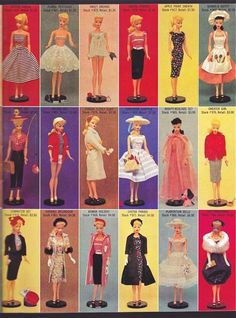 an advertisement for barbie dolls from the 1950's, featuring dresses and accessories in different styles