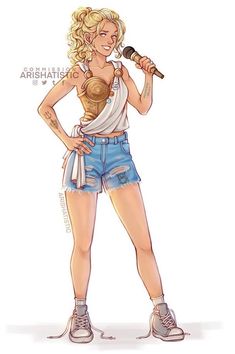 a drawing of a woman holding a microphone in her hand and wearing high waist denim shorts