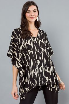 Amy V Tunic, Black Rain - 3/4 & Long Sleeve - Tops - The Blue Door Boutique Black Relaxed Fit Tunic For Spring, Black Casual Tunic For Spring, Casual Black Tunic For Spring, Casual Flowy Printed Tunic, Black Tunic Top For Spring, Black Tops With Abstract Print For Spring, Chic Printed Tunic Tops, Casual Black Tunic Top, Black Rain