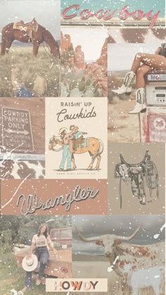 a collage of photos with horses, cows and other things in the background that are snowing