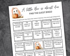 Make your Halloween baby shower spook-tacular with this "A Little Boo is Almost Due" Find The Guest Bingo Game! This fun and engaging baby shower game is perfect for bringing all your guests together for a lively and memorable experience. Don't just throw a baby shower, create memories that will last a lifetime with this engaging, simple-to-play game! Key Features: * Perfect for all guests and any group size: This game is designed to engage all participants and any group size, making everyone feel included in the fun.  * Effortless Fun: Economical and fuss-free option for any host, just download, print, & play!  * Instant Download: Get started right away with a digital download that lets you print as many copies as you need, allowing you to prepare the Halloween baby shower entertainment i Halloween Baby Shower Activities, Halloween Baby Shower Games, Find The Guest Bingo, Little Boo Is Almost Due, Guest Bingo, Shower Activities, Alzheimers Activities, Find The Guest, Baby Shower Activity