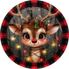 a reindeer with christmas lights on it's antlers is surrounded by red and black plaid