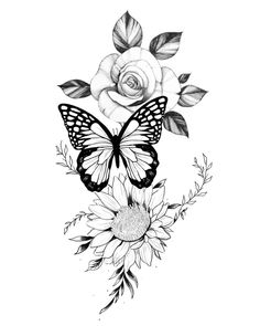 a black and white drawing of a flower with a butterfly on it's side