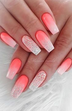 Coral Ombre Nails, Uñas Color Coral, Summer Nails Colors Designs, Nails With Glitter, Coral Nails, Fabulous Hair, Bride Nails, Acrylic Nails Coffin Short, Colorful Nail Designs