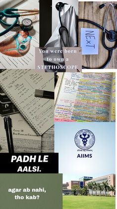 collage of medical related items including books, papers and stethoscopes