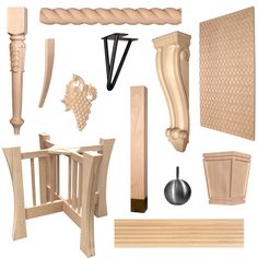 a collection of wooden furniture and accessories including a chair, cabinet door handle, drawer pulls, vase holder, wall hanger