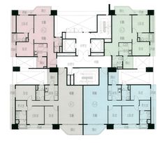 the floor plan for an apartment building with multiple floors and two levels, in different colors