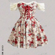 Apricot Color Dress With Red Floral Pattern Off The Shoulder Sleeves Red Corset Style Tie In Front Vintage Red Floral Print Mini Dress, Black 2 Piece Dress, 15 Birthday Dresses, Red Corset Dress, Floral Off The Shoulder Dress, Dustin Henderson, Castle Combe, 15 Birthday, Red Floral Pattern