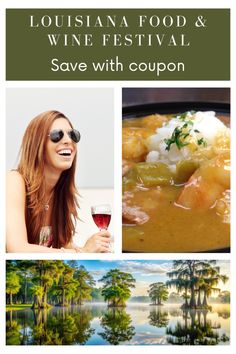 a woman holding a glass of wine next to pictures of trees and water with the words,