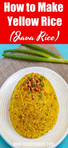 yellow rice on a white plate with green beans