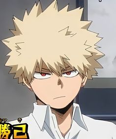 an anime character with blonde hair and white shirt looking at something in front of him