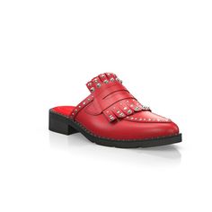 Red Flat Slip-ons With Leather Sole, Leather Loafers With Studded Rubber Outsoles, Red Slip-on Mules With Leather Footbed, Elegant Flat Leather Clogs, Elegant Leather Flat Clogs, Red Slip-on Flats With Rubber Sole, Designer Leather Flats With Round Toe, Casual Red Leather Flats, Red Leather Casual Flats