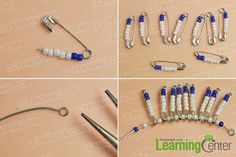 four pictures showing how to make wire wrapped bead bracelets with scissors and beads