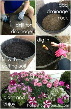 the instructions for how to plant flowers in an old wine barrel with dirt and rocks