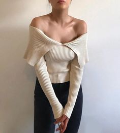 SIZE Bust Length Sleeve cm inch cm inch cm inch S 58 23 32 57 51 20 M 62 24 33 13 52 20 Off Shoulder Knit Top, Knitted Blouse, Neckline Designs, Knitted Tops, Long Sleeve Knit Sweaters, Women Long Sleeve Tops, Knit Crop Top, Knit Crop, Long Sleeve Knit