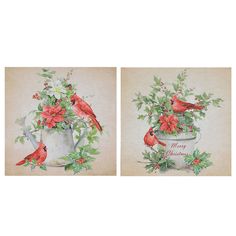 two christmas cards with red birds and poinsettis in a white watering can