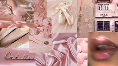 a collage of pink and white images