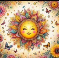 the sun has been painted with flowers and butterflies