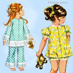 two children's clothing patterns, one in yellow and the other in blue with polka dots