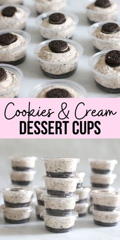 cupcakes and cream dessert cups with oreo cookies in the middle on top