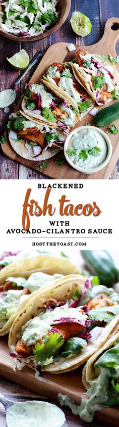 fish tacos with avocado - cilantro sauce on a cutting board