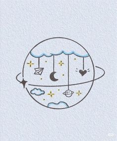 a drawing of an airplane flying over the moon with clouds and stars in the sky