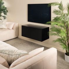 a living room with couches and a flat screen tv mounted on the wall above it