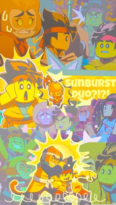 an image of some cartoon characters in different colors and sizes with the words sun burst on them