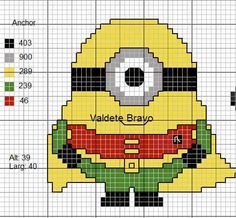 a cross stitch pattern with the name valette blyo on it, and an image of a minion