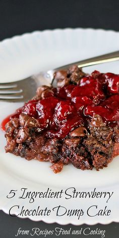 a white plate topped with chocolate cake covered in cranberry sauce next to a fork