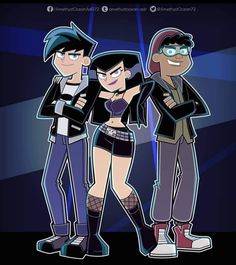 three cartoon characters standing next to each other in front of a blue light and spotlight