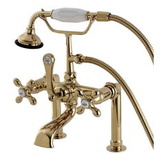 a gold faucet with two spray heads and three hoses on the side