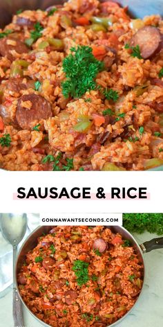 sausage and rice in a skillet with the words sausage and rice above it on top